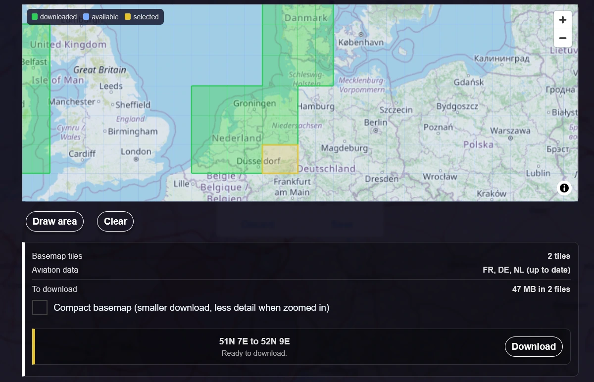 The Download an area panel: a box drawn over the German border with downloaded tiles in green, and a summary showing 2 tiles, aviation data for FR, DE and NL, and 47 MB to download